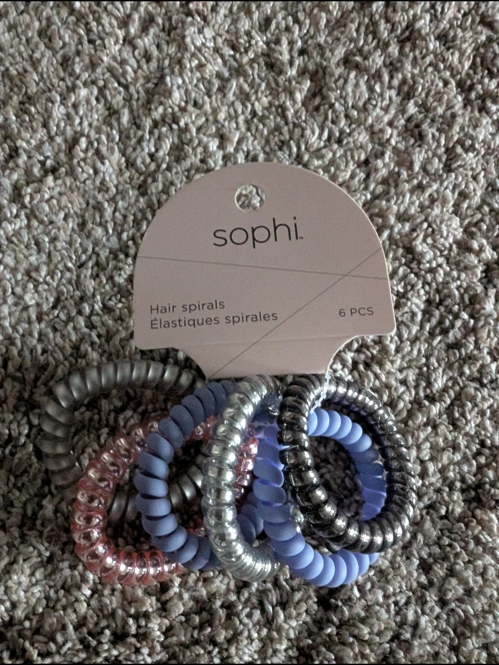 New! Sophi Spiral Hair Ties - Lavender, Pink, Silver, Gray, Blue (6-Pack)